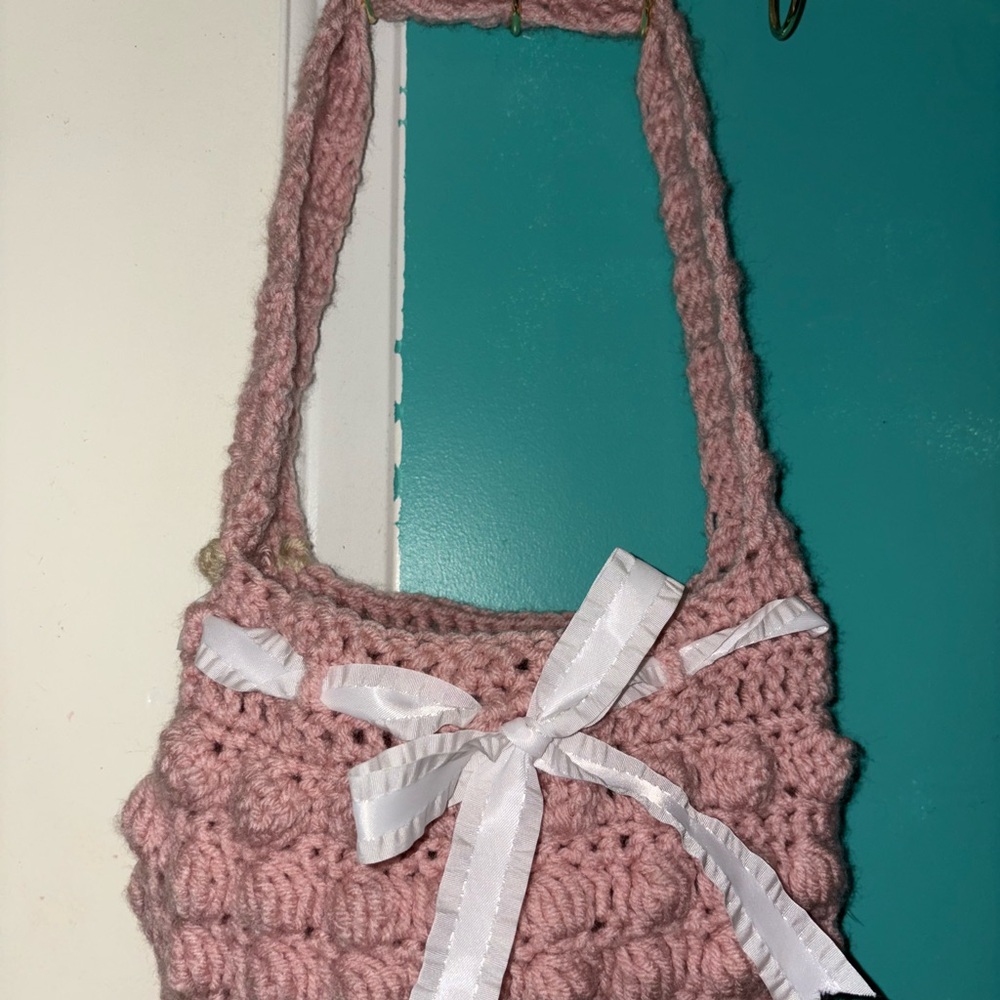 Pink Crochet Bag with Ribbon